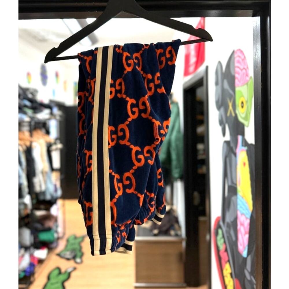 Gucci GG Velour Jogger Pants Size L Navy Orange Monogram Waffle Knit Sweatpants - Picture 5 of 15